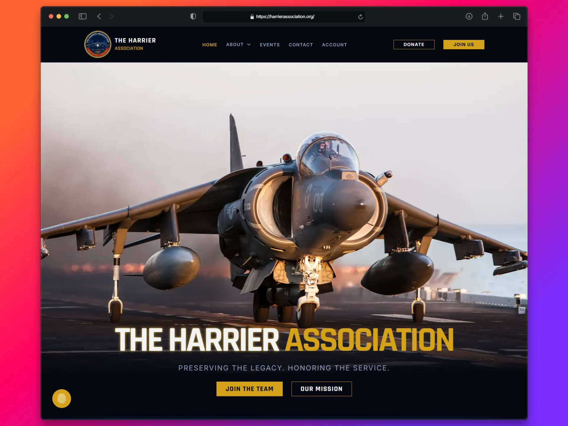 The Harrier Association website homepage featuring a Harrier jump jet on an aircraft carrier deck.