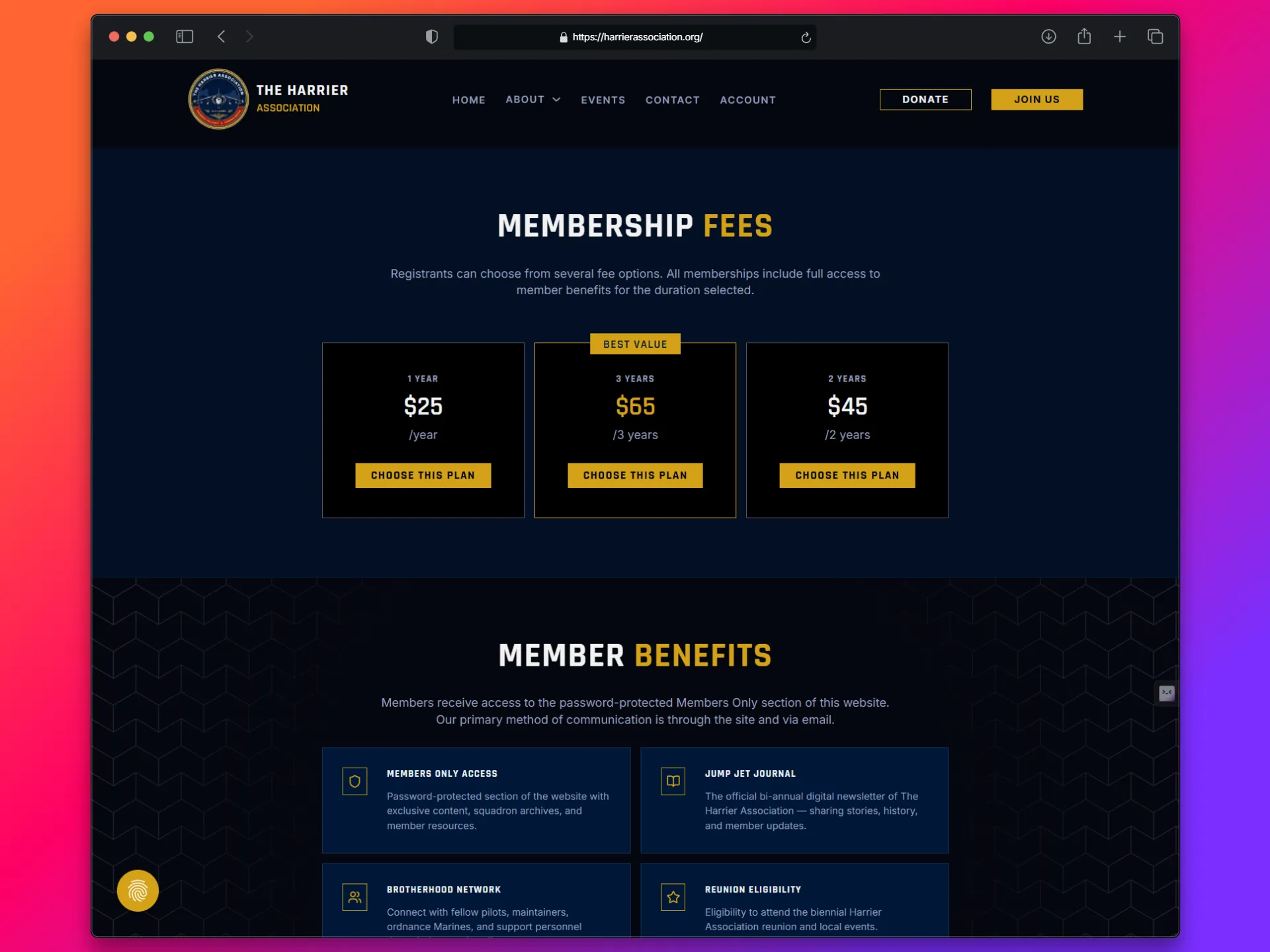 Harrier Association website displaying membership fees and member benefits.