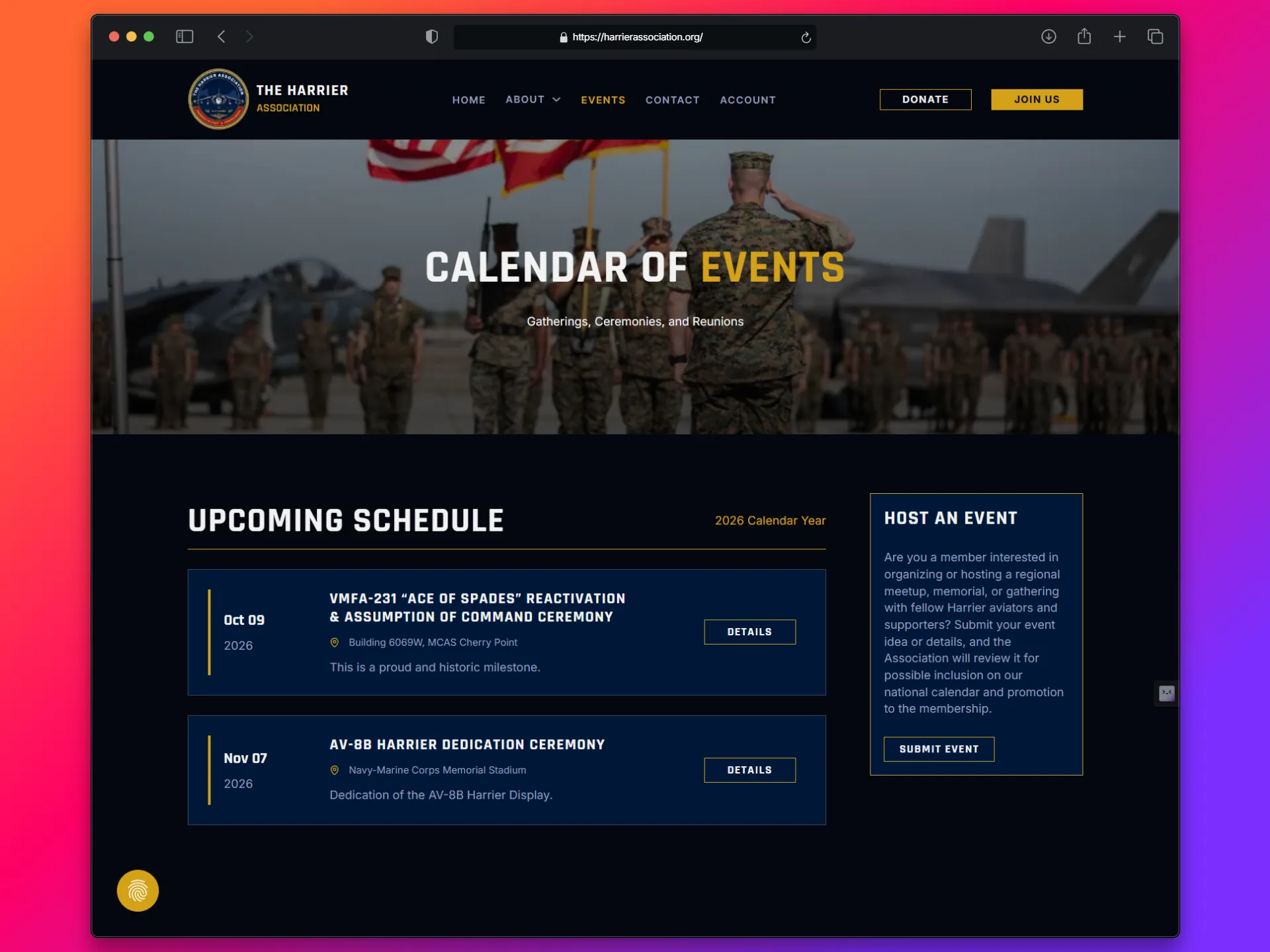 The Harrier Association website homepage showing a calendar of upcoming military aviation events and reunions.