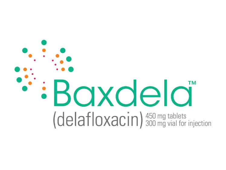 Baxdela (delafloxacin) logo with dosage information: 450 mg tablets, 300 mg vial for injection.
