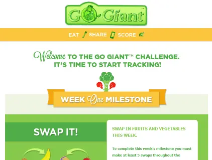 Screenshot of the Go Giant Challenge webpage, showing the Week One Milestone to swap in fruits and vegetables, with options to eat, share, and score.