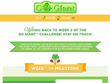 Screenshot of a Go Giant Challenge webpage, welcoming participants to week 2 and highlighting a week two milestone for healthy eating and meal planning.