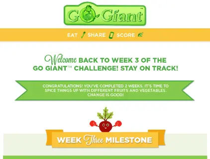 Screenshot of the Go Giant Challenge webpage, displaying a welcome to week 3, a congratulatory message, and a "Week Three Milestone" banner with a cartoon radish.