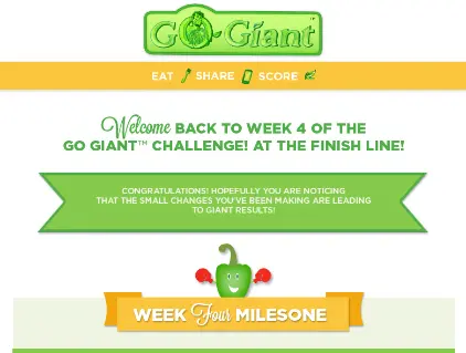 Screenshot of a webpage for the Go Giant Challenge, welcoming users to week 4 and congratulating them for their progress, with a green pepper mascot and a "Week Four Milestone" banner.