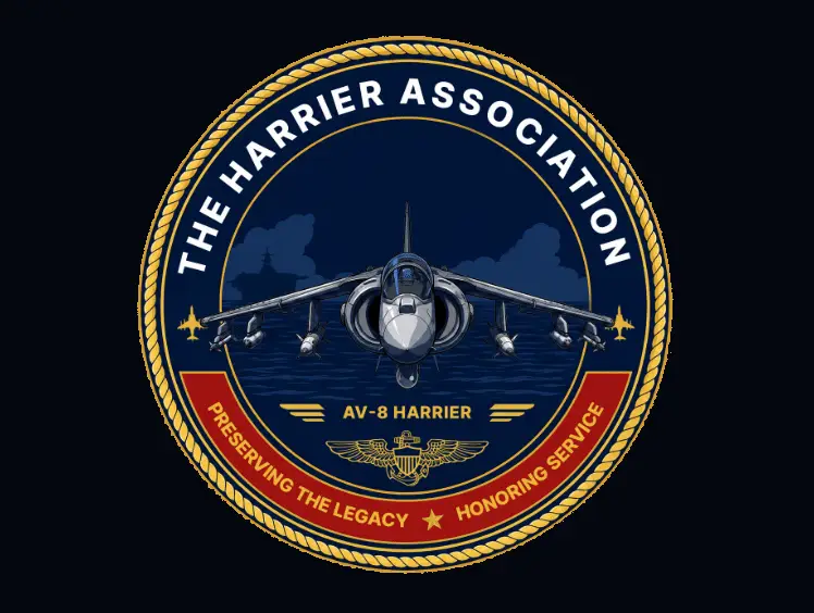 Logo of The Harrier Association featuring an AV-8 Harrier jet, pilot wings, and the text “Preserving the Legacy.”